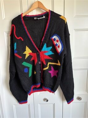 Vintage 80s Abstract Graphic Cardigan Sweater Black Colorful Knit Women’s M/L